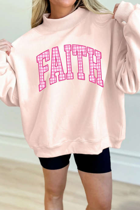 Sudadera rosa claro con cuello alto y estampado de letras a cuadros FAITH LC25323121-P1010