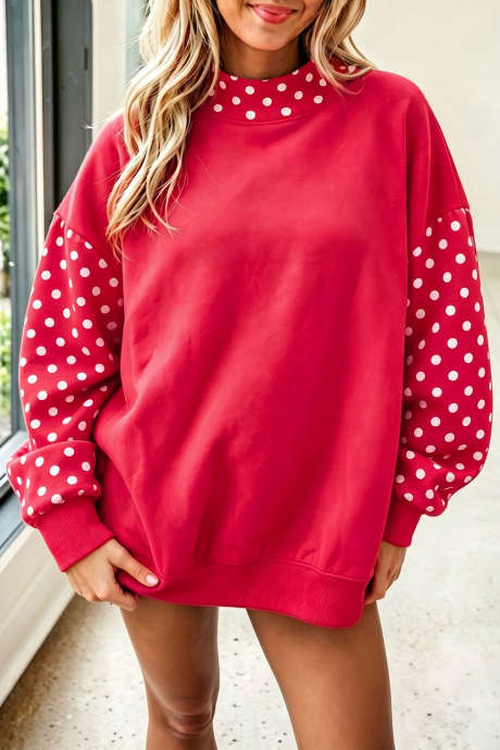 Sudadera holgada de manga larga con cuello redondo y estampado de lunares rojos intensos LC25322075-P3