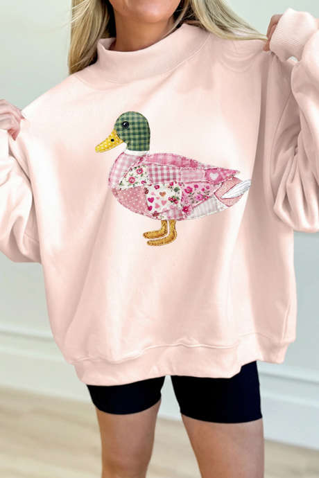 Sudadera de cuello alto con estampado de ánade real y patchwork rosa claro LC25323136-P1010