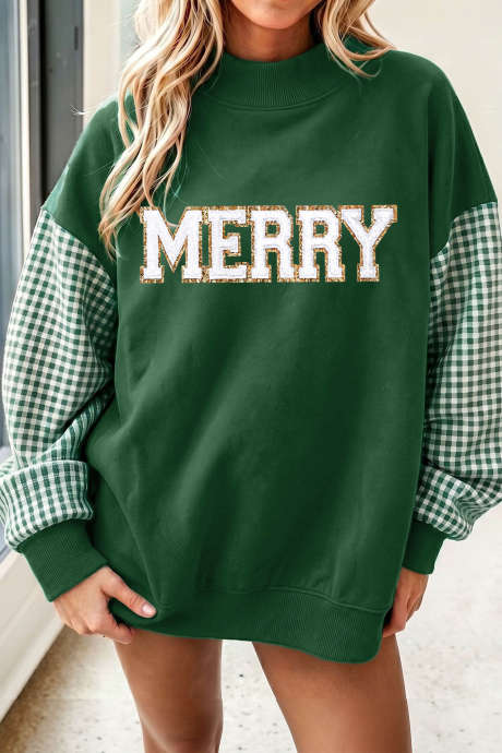 Sudadera tipo túnica con mangas a cuadros y parche gráfico Evergreen Glitter MERRY LC25323137-P2509