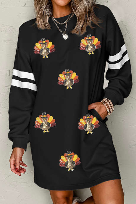Vestido largo estilo universitario con estampado de pavo de lentejuelas negras para el Día de Acción de Gracias LC6130950-P2