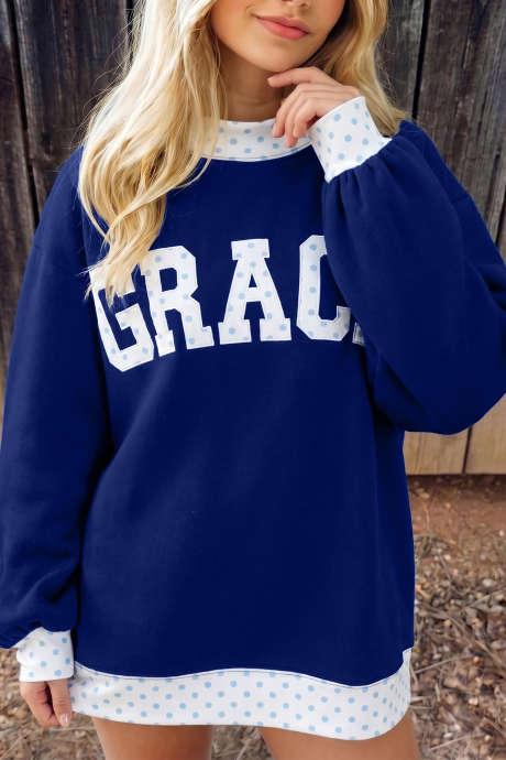 Sudadera holgada de cuello alto con estampado de la letra GRACE, color azul sucio, con ribete de lunares LC25321798-P1005