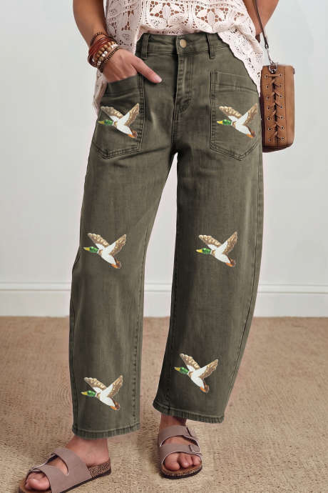 Pantalones vaqueros de corte recto hasta el tobillo con lentejuelas y estampado de trébol de cuatro hojas LC7878090-P2909