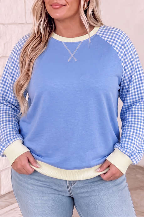 Sudadera de talla grande con mangas a cuadros azul claro, ribete acanalado y bloques de color PL25321898-P422