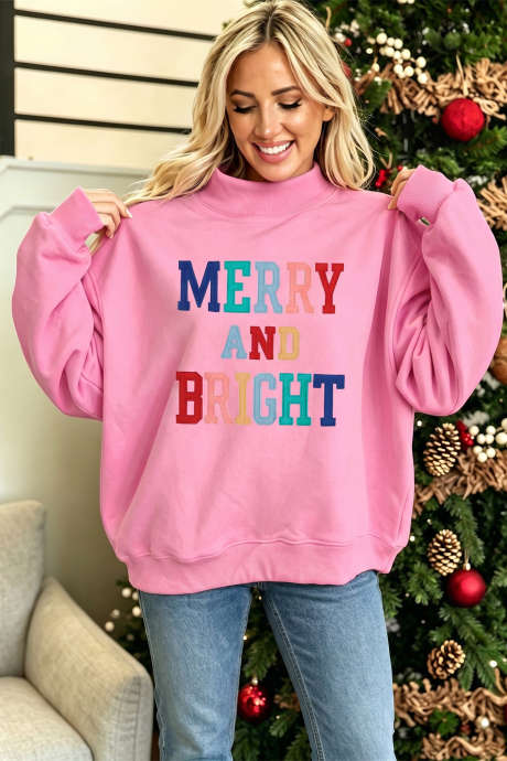 Sudadera de cuello alto con estampado de letras cosidas "Peach Blossom MERRY AND BRIGHT" LC25322053-P4010