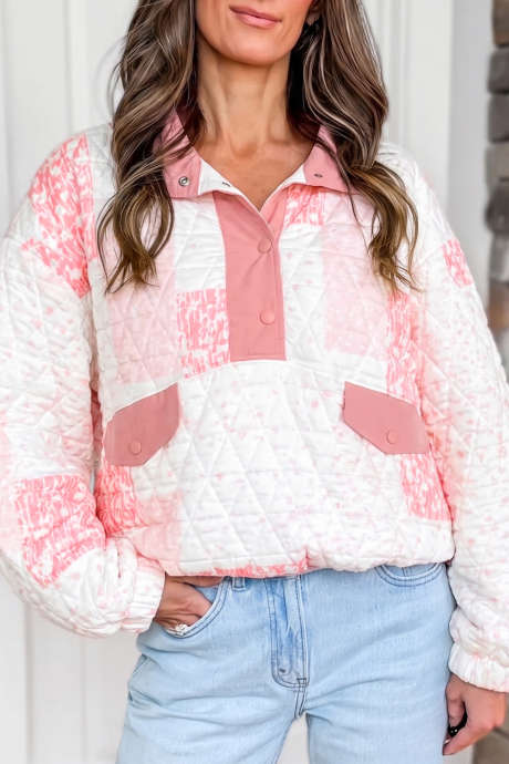 Sudadera rosa acolchada con estampado floral y medio bolsillo con botones LC25321812-P1020