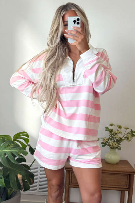Conjunto de 2 piezas: jersey con cremallera y cintura elástica, estampado de retazos de rayas rosas, jersey y shorts (LC629631-P1019)