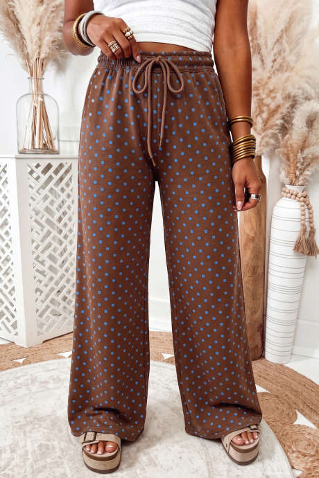 Pantalones anchos con cordón ajustable y estampado de lunares marrones (LC7715150-P1720)
