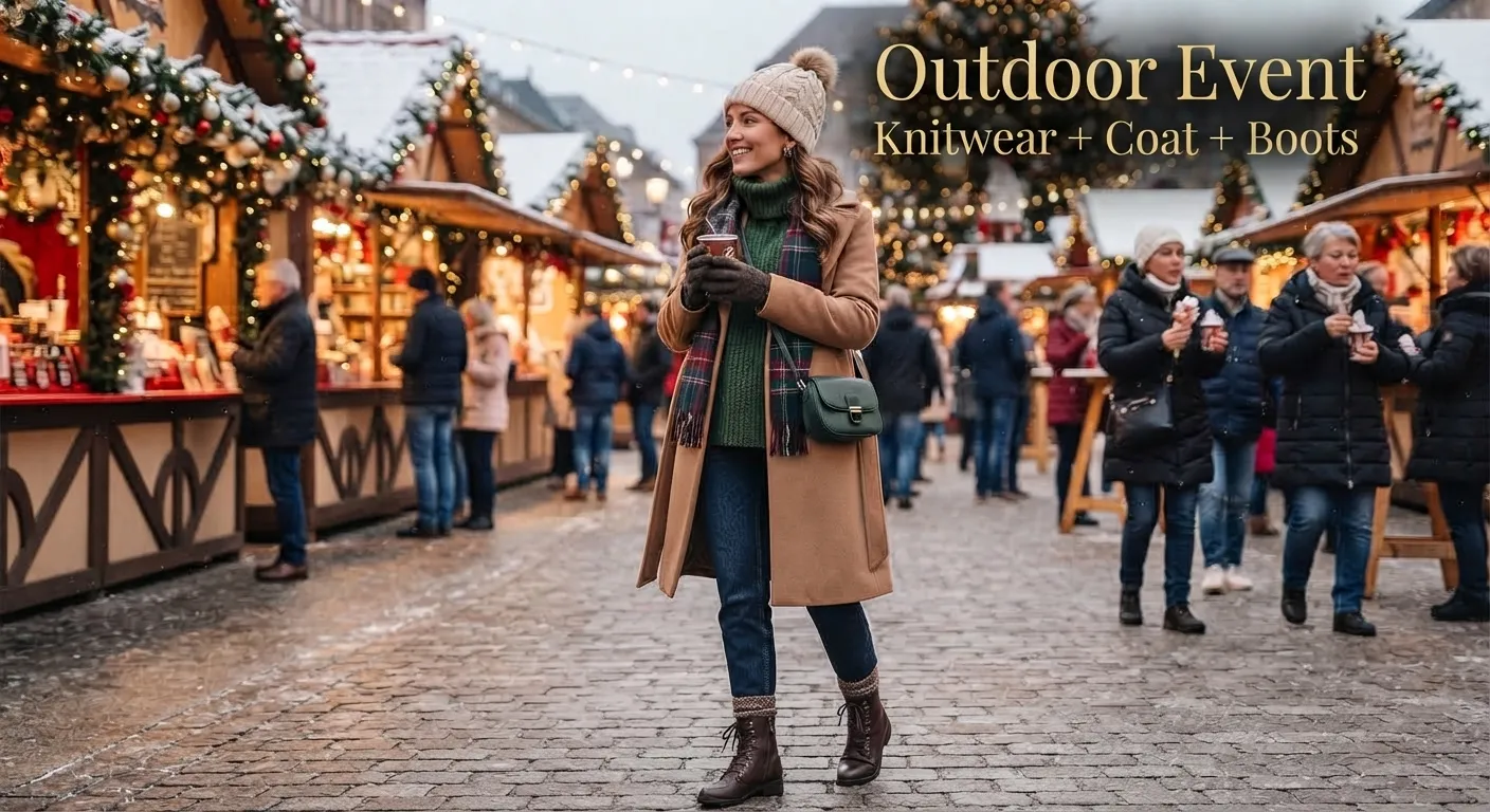 a woman wearing Knitwear + Coat + Boots in cold weather