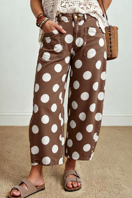 Pantalones vaqueros tobilleros de corte recto con estampado de lunares marrones