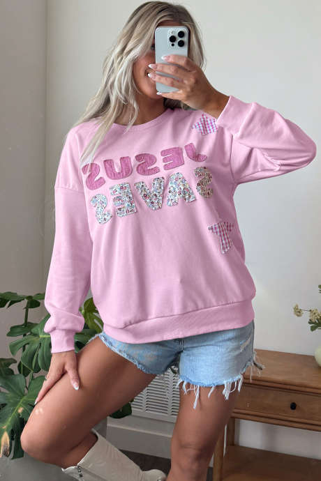 Sudadera holgada con estampado de estrellas, cuadros y letras florales únicas en color rosa patchwork LC25321986-P10