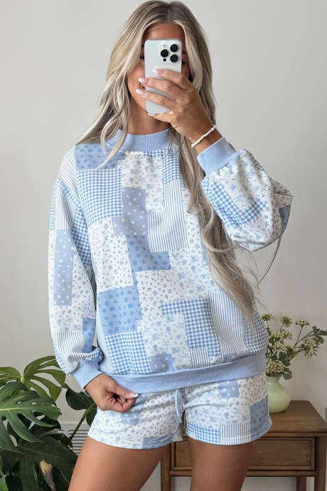 Conjunto de jersey holgado con cordón ajustable y estampado floral de patchwork azul cielo LC629941-P420