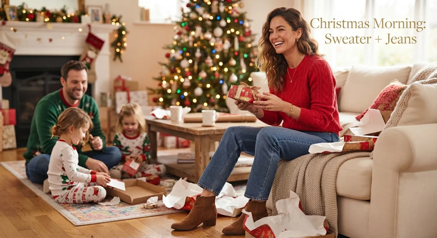 Woman wearing a red sweater and jeans for a casual Christmas gathering