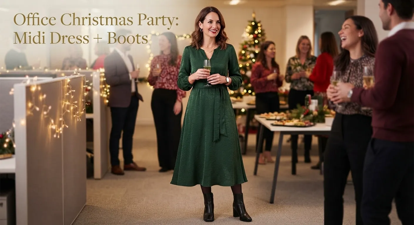 woman wearing a Midi dress + ankle boots at the office party