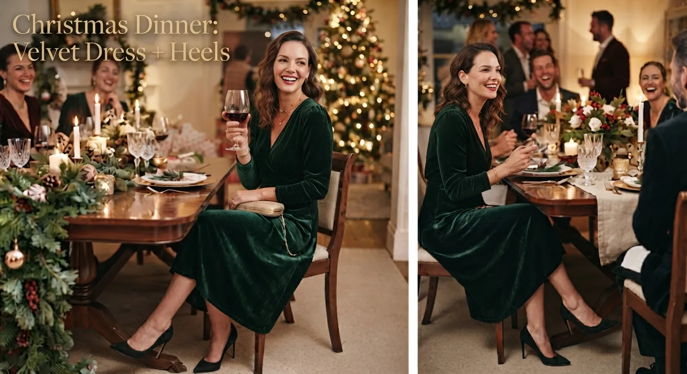 a woman wearing green velvet dress and heels at the Christmas dinner