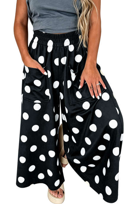 Pantalones casuales de pierna ancha con cintura elástica y estampado de lunares negros