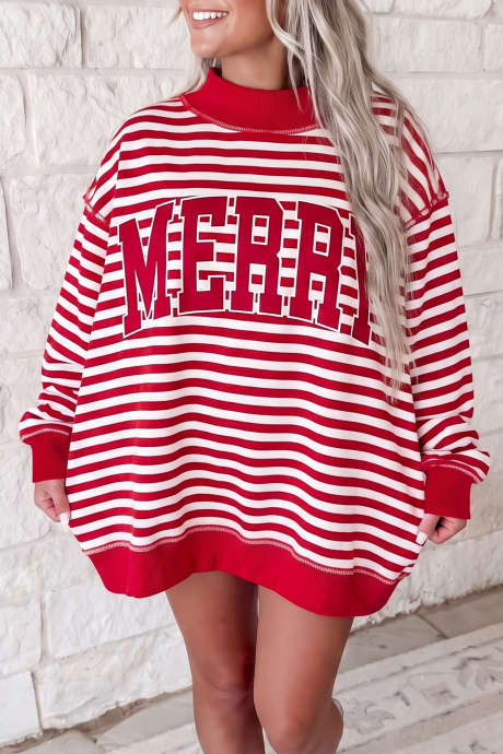 Sudadera extragrande con cuello alto y parche bordado con eslogan navideño de rayas rojas