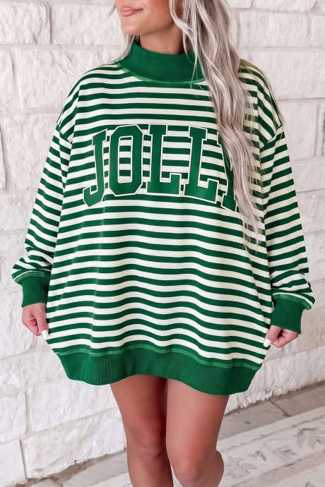 Sudadera extragrande con cuello alto y parche bordado con eslogan navideño de rayas verdes LC25322168-P919