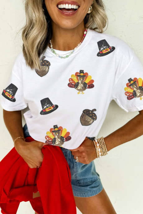 Camiseta blanca de lentejuelas con cuello redondo para el Día de Acción de Gracias LC25232690-1