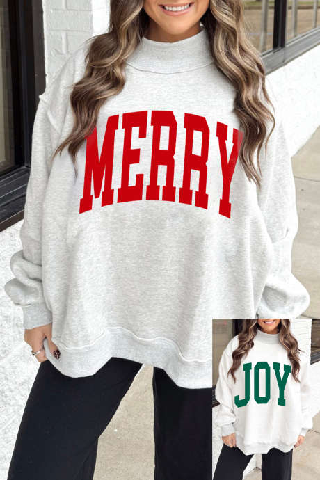Sudadera personalizada de cuello alto con eslogan navideño gris claro LC25323205-P1011