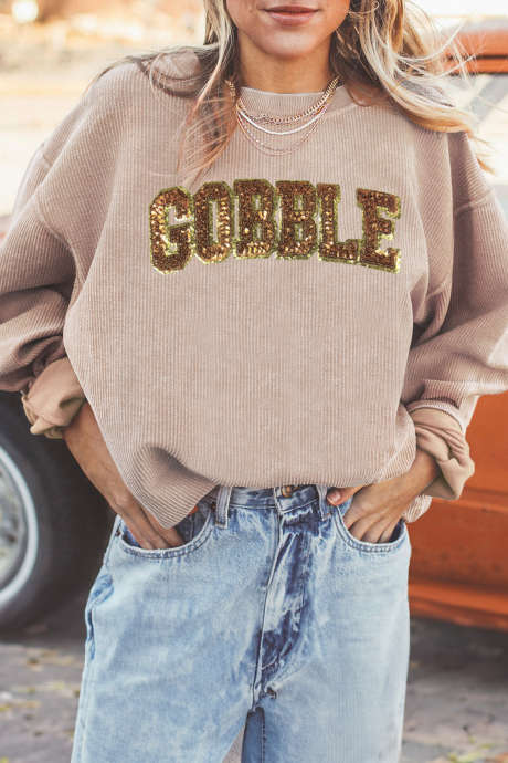 Sudadera con capucha texturizada con letras Gobble y lentejuelas color albaricoque LC25323193-P18