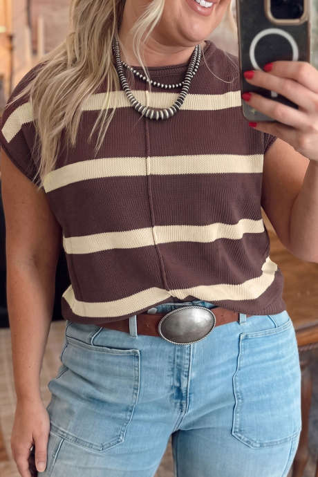 Suéter informal sin mangas de talla grande con bloques de color y rayas marrones
