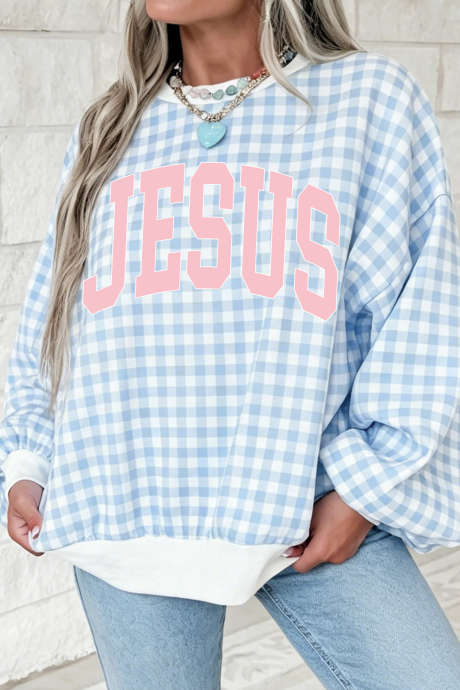 Sudadera de manga larga con cuello redondo y estampado a cuadros de Jesús en azul claro LC25323189-P422