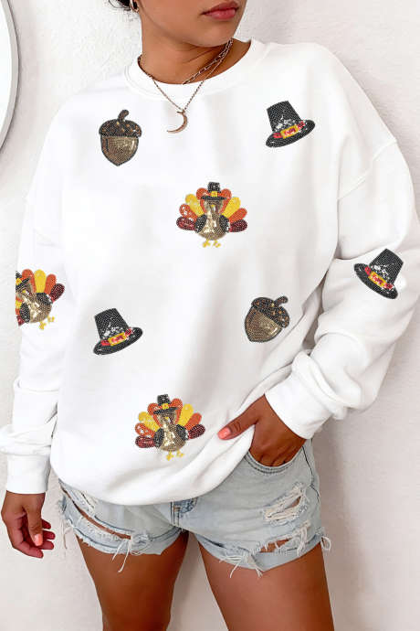 Sudadera informal blanca con lentejuelas para el Día de Acción de Gracias LC25323196-15