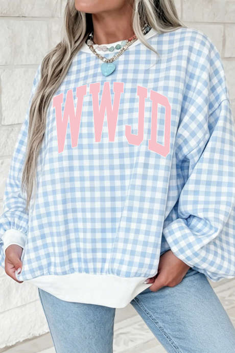 Sudadera tipo túnica de cuello redondo con estampado de cuadros vichy azul claro WWJD LC25323190-P422