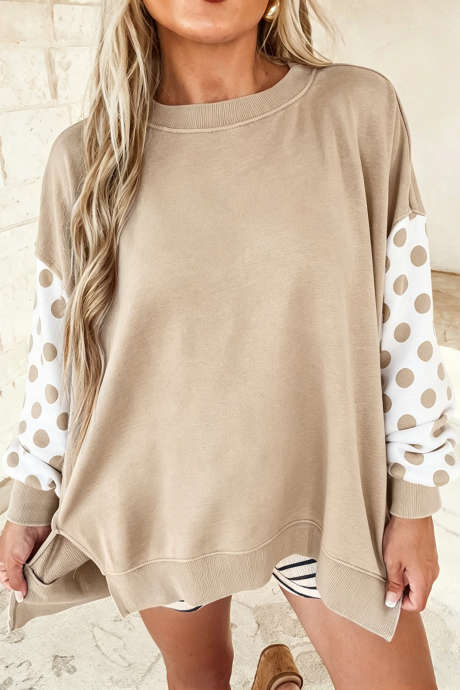 Sudadera holgada de cuello redondo con mangas de patchwork de lunares color caqui LC25322055-P1620