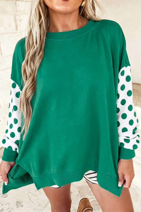 Sudadera holgada de cuello redondo con mangas y estampado de lunares verdes (LC25322055-P920)
