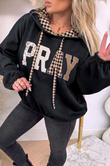 Sudadera con capucha negra PRAY Mix Pattern Letter Graphic Plaid Contrast Drawstring Hoodie LC25321684-P2
