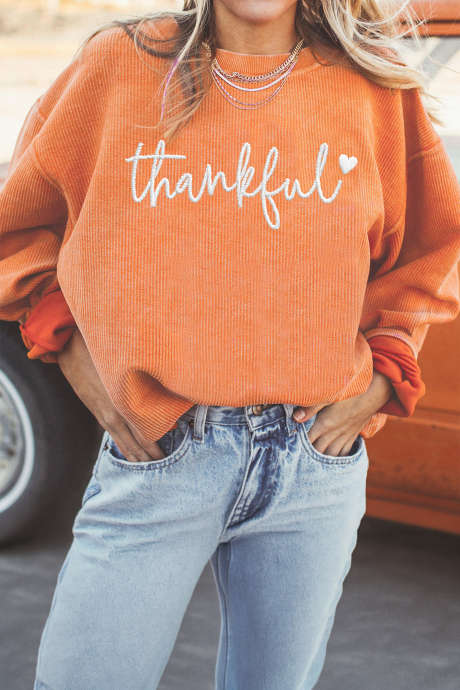 Sudadera naranja con cuello redondo y cordón bordado "Thankful" LC25323203-2014