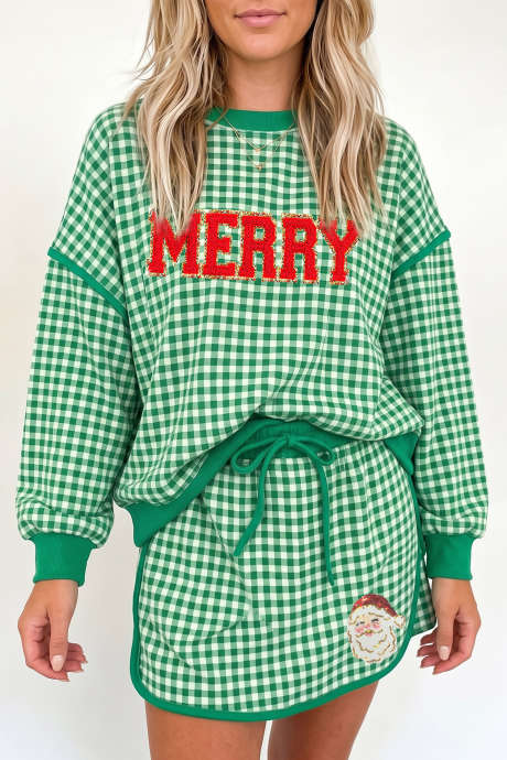 Conjunto de falda informal de cuadros verdes con eslogan navideño LC631768-P920