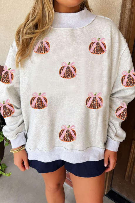 Sudadera de cuello alto con lentejuelas y estampado de calabaza de Acción de Gracias en color gris claro (LC25323249-P1011)