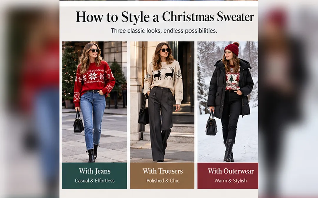 three ladies wearing Christmas sweater outfits
