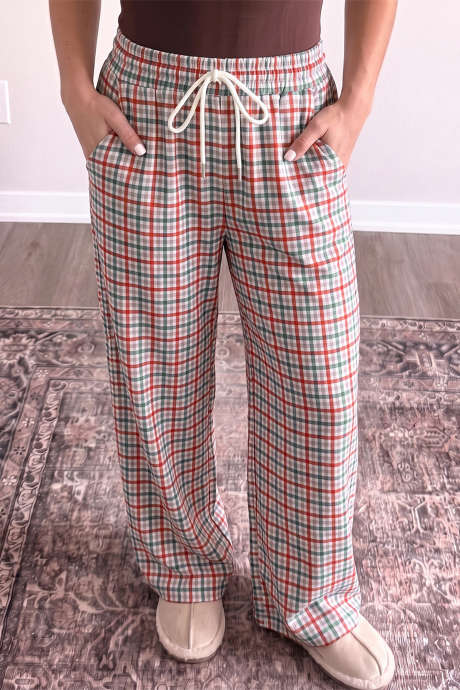 Pantalones con cintura elástica y cordón ajustable, estampado a cuadros multicolor festivo LC7715194-P22