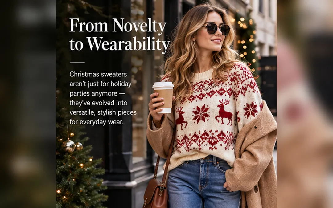 a lady wearing novelty wearable Christmas sweater