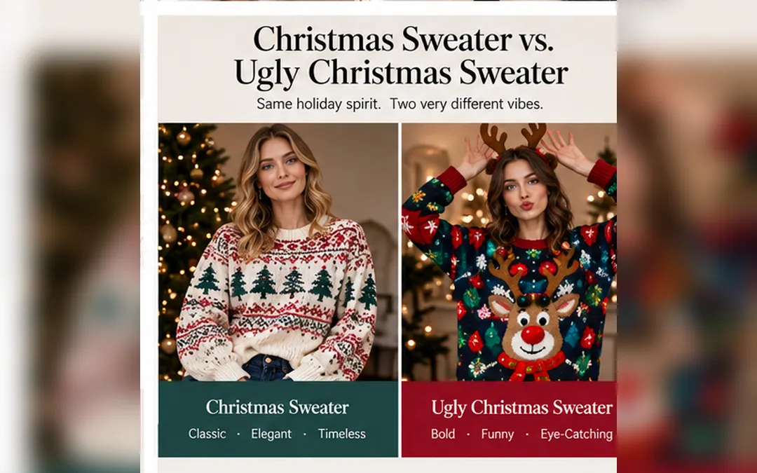 two ladies wearing Christmas sweater vs ugly Christmas sweater