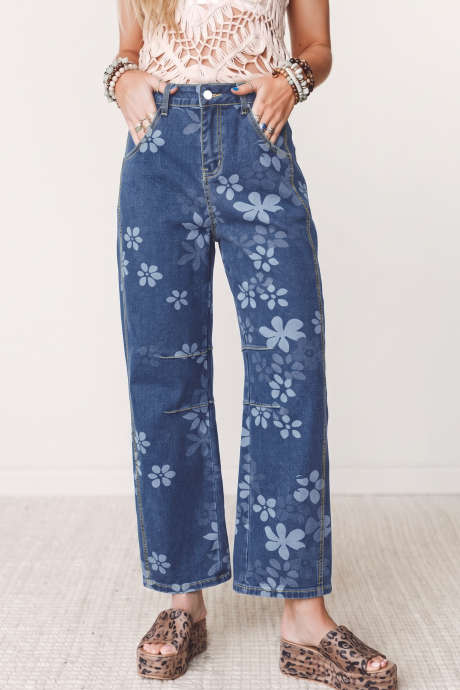 Pantalones vaqueros casuales con bolsillos, estampado floral azul, largo hasta el tobillo LC7877345-P520