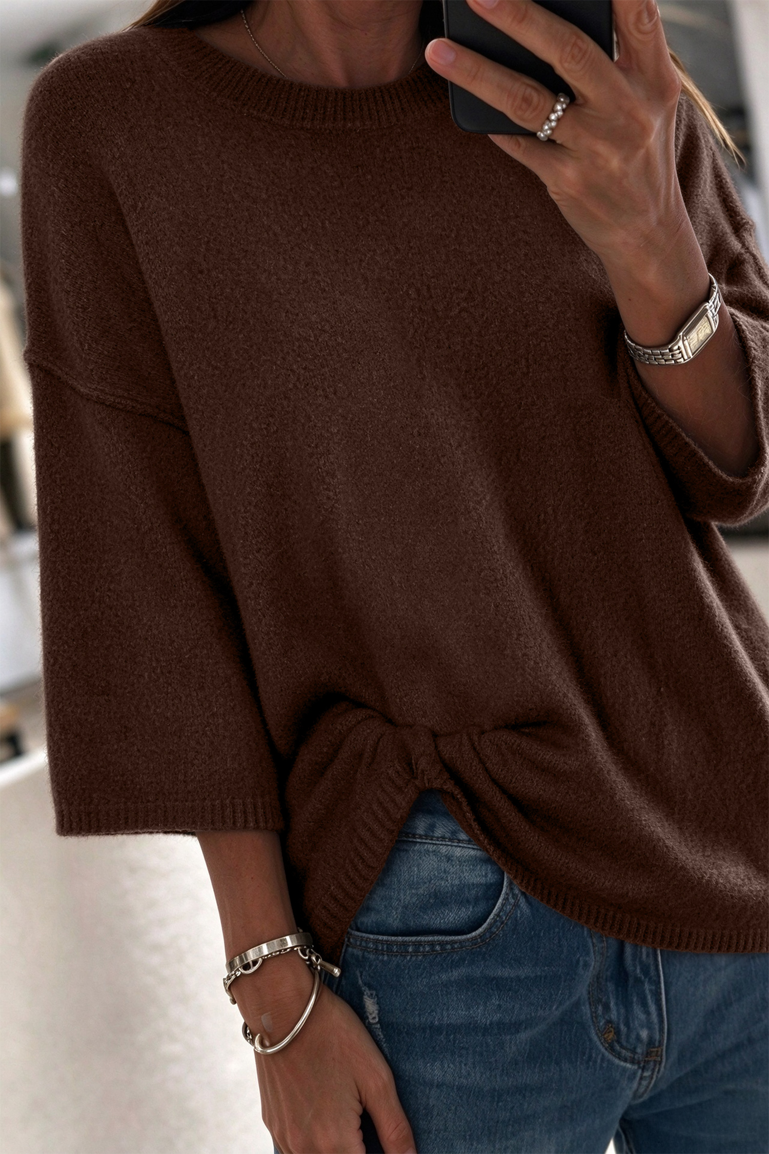 $10.61 Dark Brown Solid Color Knit Half Sleeve Round Neck Shift Sweater ...