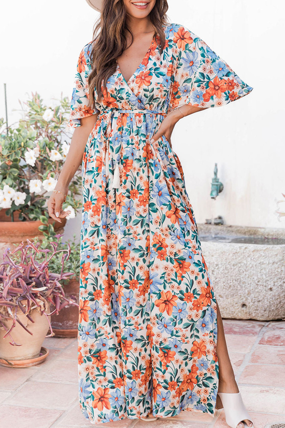 Sky Blue Floral Print A-Line Midi Dress