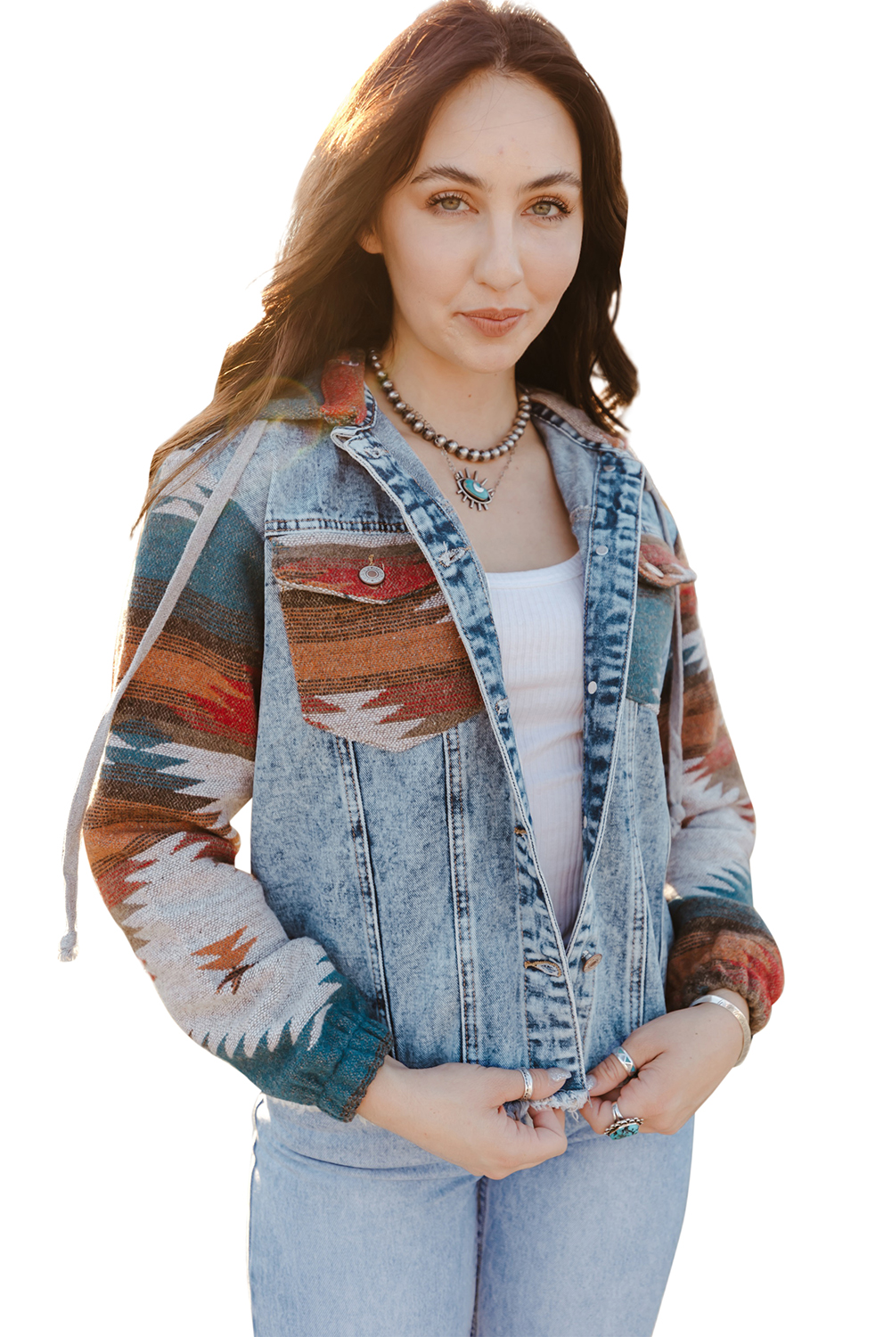 Multicolor Aztec Print Frayed Hem Denim Jacket view 25