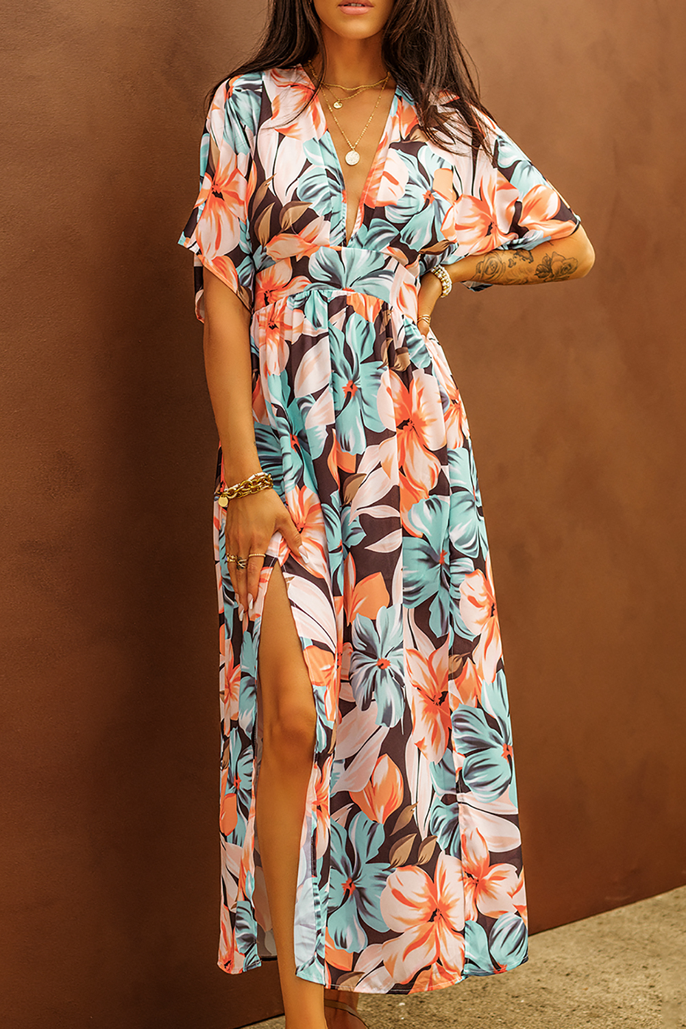  16.47 Orange Floral Kimono Long Dress with Slit