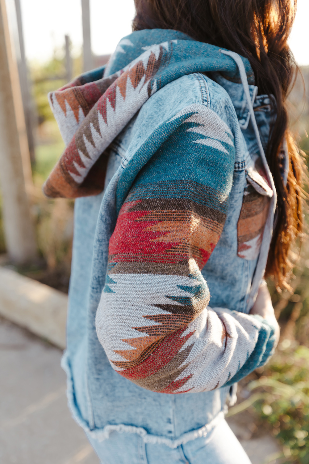 Multicolor Aztec Print Frayed Hem Denim Jacket view 10