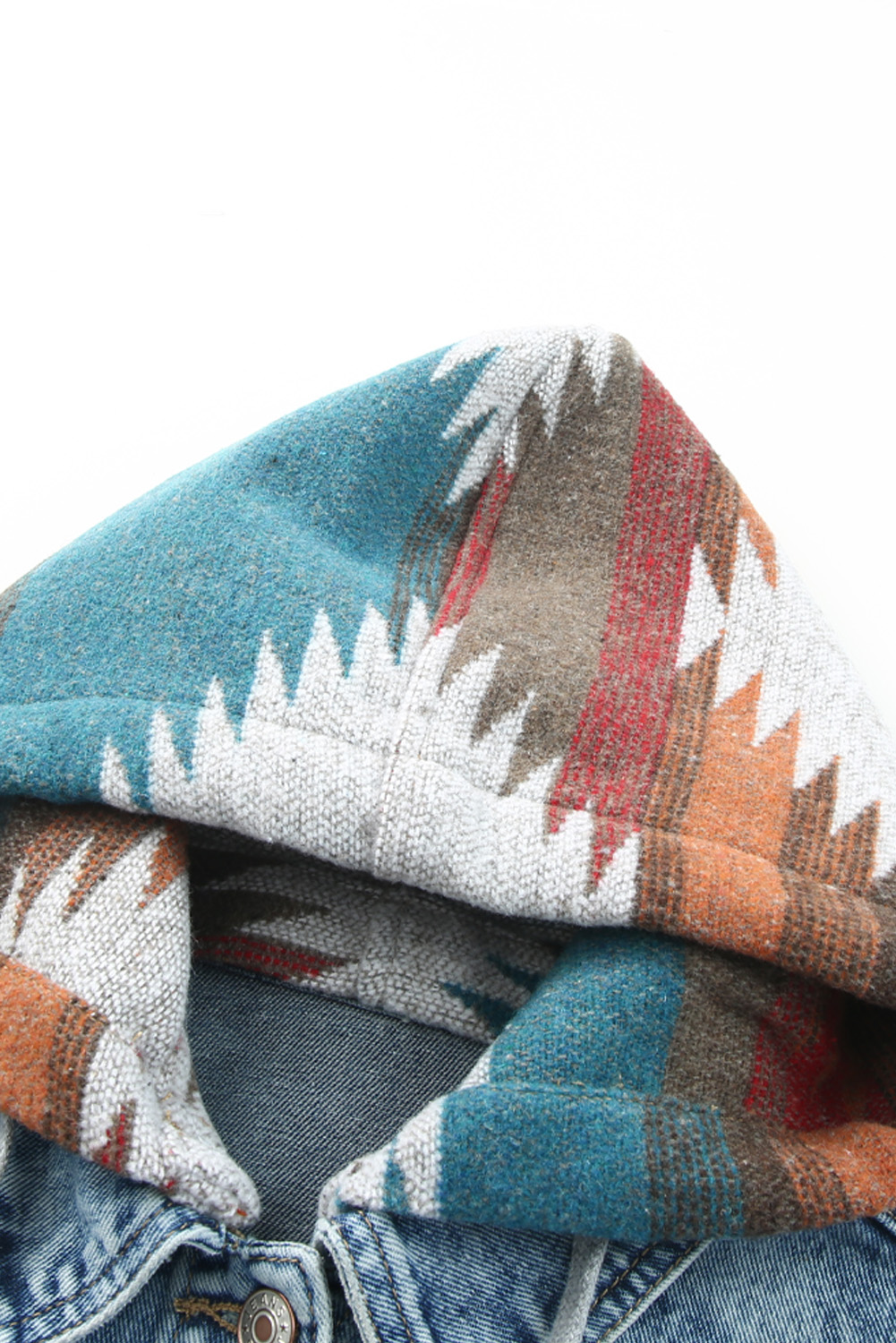 Multicolor Aztec Print Frayed Hem Denim Jacket view 17