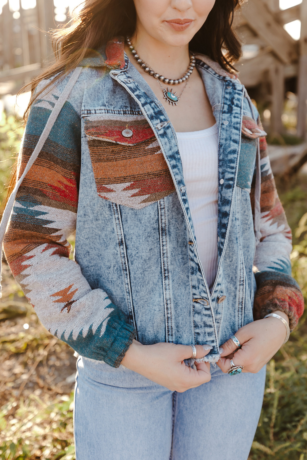 Multicolor Aztec Print Frayed Hem Denim Jacket view 8