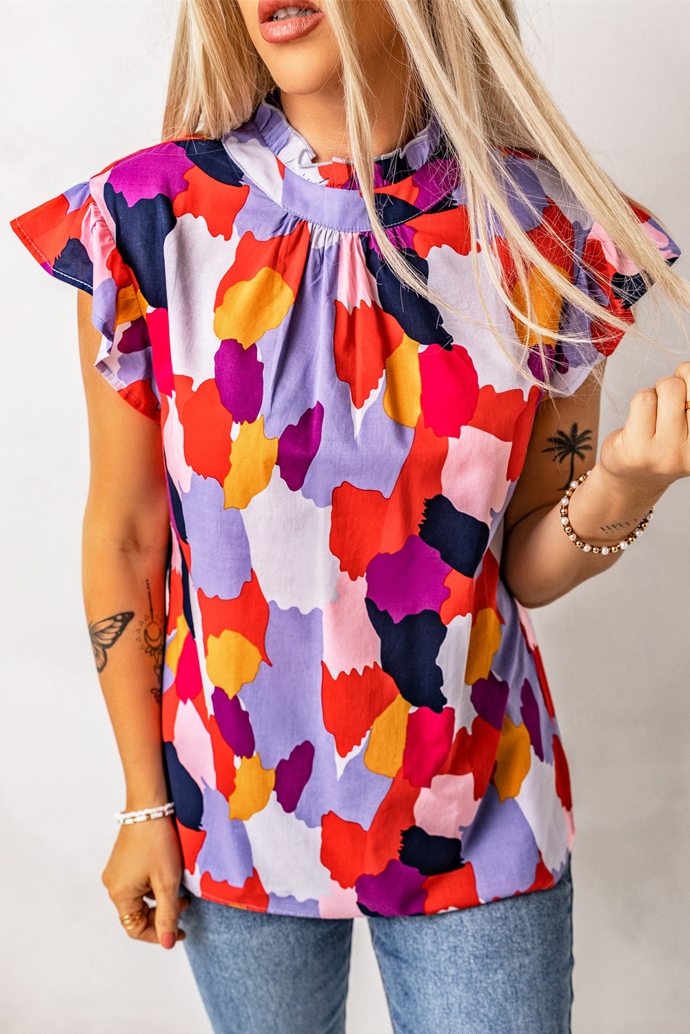$ 8.55 - Red Ruffle Cap Sleeve Frill Mock Neck Printed Top - ds.dear ...