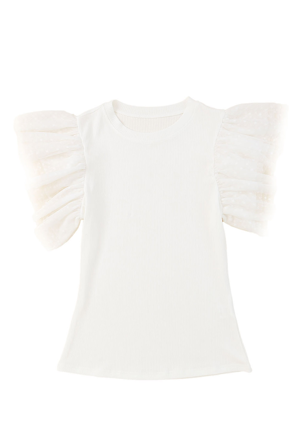 White Dotty Mesh Ruffle Sleeve Ribbed Knit Top