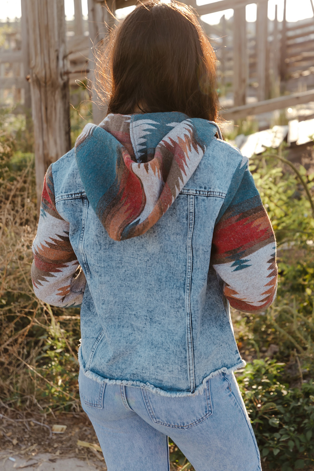 Multicolor Aztec Print Frayed Hem Denim Jacket view 9